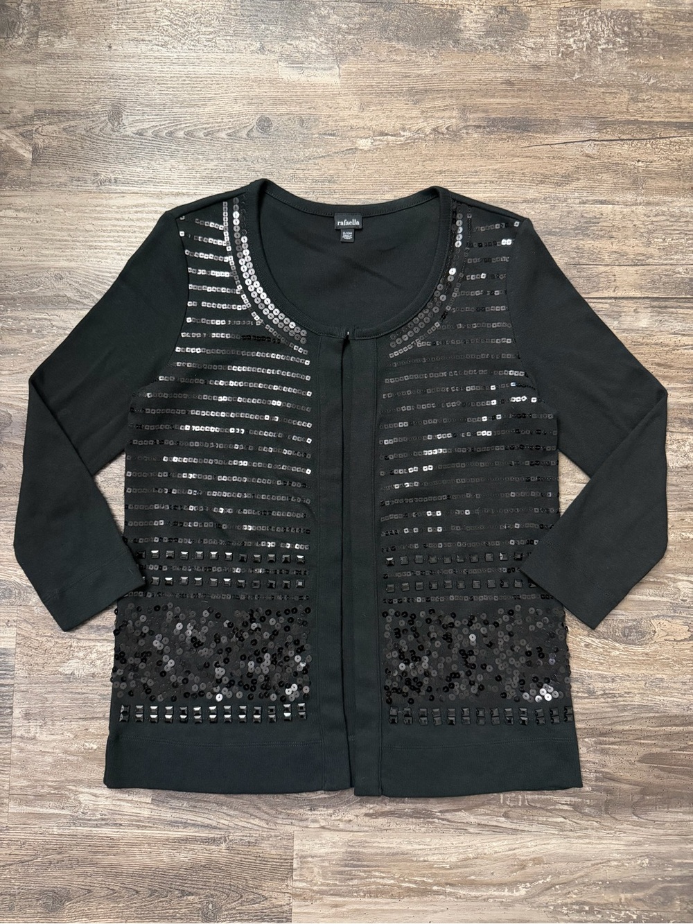 Rafaella Women’s Black Sequin Beaded Embellished 3/4 Sleeve Cotton Cardigan Sz S